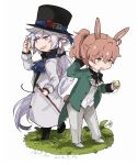  2boys :d alice_in_wonderland animal_ears ascot black_bow black_footwear blue_ascot boots bow bowtie cane center_frills coat coattails cosplay dated earrings fang fate/grand_order fate_(series) flower frilled_shirt_collar frills full_body gloves grass green_coat green_eyes grey_pants hair_between_eyes hair_bow hand_up hat hat_flower holding holding_cane holding_pocket_watch jewelry leg_up long_hair long_sleeves mad_hatter_(alice_in_wonderland) mad_hatter_(alice_in_wonderland)_(cosplay) male_focus merlin_(fate) multiple_boys open_clothes open_coat open_mouth orange_hair pants paper_texture pocket_watch ponytail purple_eyes rabbit_ears rabbit_tail red_flower red_rose romani_archaman rose ruoyin scratching_head shirt shoes skin_fang smile sweat tail very_long_hair watch white_flower white_footwear white_gloves white_rabbit_(alice_in_wonderland) white_rabbit_(alice_in_wonderland)_(cosplay) white_shirt 
