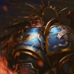  1boy armor blonde_hair blue_armor breastplate character_name closed_mouth commentary english_commentary gold_trim halo highres laurel_crown laurels looking_at_viewer o8o8das ornate_armor pauldrons power_armor primarch purity_seal roboute_guilliman short_hair shoulder_armor solo vambraces warhammer_40k 