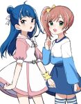  2girls :d ahoge alternate_hairstyle blue_eyes blue_hair blush bow cosplay costume_switch dress eyelashes green_eyes hair_bow hair_ornament hair_ribbon hairstyle_switch happy high_ponytail high_side_ponytail hirogaru_sky!_precure long_hair looking_at_viewer multiple_girls nijigaoka_mashiro open_mouth pink_hair ponytail precure ribbon side_ponytail simple_background sketch skirt smile sora_harewataru standing thighhighs thighs white_background yumi_san0112 