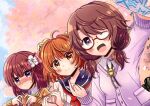  3girls ahoge bow bowtie brown_hair cellphone cherry_blossoms finger_heart green_bow hieda_no_akyuu hieda_no_akyuu_(academic_chronicle_of_perfect_memory) kuronon motoori_kosuzu motoori_kosuzu_(student_librairian_of_gossip) multiple_girls one_eye_closed orange_hair phone purple_hair purple_sweater quimbaya_airplane school_uniform serafuku smartphone smile sweater touhou touhou_lost_word upper_body usami_sumireko usami_sumireko_(psychic_higashifukami_high_school_student) zener_card 