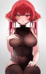  1girl absurdres bare_shoulders black_leotard black_thighhighs blush breasts covered_navel eyepatch hair_ribbon heterochromia highres hololive houshou_marine large_breasts leotard long_hair looking_at_viewer open_mouth red_eyes red_hair red_ribbon ribbon solo sweat thighhighs twintails virtual_youtuber yellow_eyes yuzuyukiha 