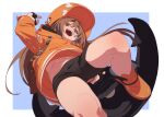  1girl :d anchor bike_shorts brown_eyes brown_hair fingerless_gloves fu-ta gloves guilty_gear highres long_hair may_(guilty_gear) simple_background smile solo 