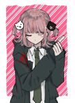  1girl ;&lt; alternate_hair_ornament bear_hair_ornament black_jacket blush_stickers borrowed_clothes collared_shirt cosplay galaga green_jacket green_necktie hair_ornament hand_up highres hinata_hajime hinata_hajime_(cosplay) jacket jiugyae komaeda_nagito komaeda_nagito_(cosplay) long_sleeves looking_at_viewer necktie pink_background pink_eyes shirt sleeves_past_wrists solo striped striped_background upper_body white_shirt 