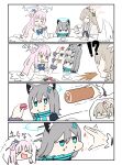  3girls blue_archive cake capelet flower_hairband food hair_bun hall highres holding holding_food laughing long_hair low_wings macaron mika_(blue_archive) multiple_girls nagisa_(blue_archive) pink_hair scrunchie shiroko_(blue_archive) single_hair_bun spitting swiss_roll tenten_(chan4545) very_long_hair wings 