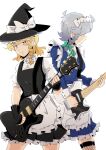  2girls black_headwear blonde_hair bow braid closed_mouth commentary electric_guitar guitar hair_bow hat hat_bow highres holding holding_instrument instrument izayoi_sakuya kirisame_marisa long_sleeves looking_at_viewer maid maid_headdress multiple_girls sakamoto_fred side_braid simple_background single_braid standing symbol-only_commentary touhou white_background white_bow witch_hat yellow_eyes 