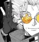  1boy closed_mouth collared_jacket fingerless_gloves gannnmoo glasses gloves greyscale hand_up highres long_sleeves looking_at_viewer male_focus monochrome portrait round_eyewear short_hair smile solo spiked_hair spot_color tinted_eyewear trigun vash_the_stampede yellow-tinted_eyewear 