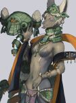  anthro armwear breasts clothed clothing facial_markings female fur grey_body grey_fur hair head_markings headgear headwear hi_res jewelry looking_at_viewer mammal markings mineru navel necklace nintendo solo tears_of_the_kingdom the_legend_of_zelda white_hair zonai 