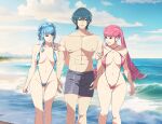  1boy 2girls abs beach blue_hair blue_slingshot_swimsuit breasts byleth_(fire_emblem) byleth_(male)_(fire_emblem) cleavage commission double_arm_hug fire_emblem fire_emblem:_three_houses highres hilda_valentine_goneril male_swimwear marianne_von_edmund multiple_girls muscular muscular_male pink_hair pink_slingshot_swimsuit pixiv_commission r3dfive slingshot_swimsuit smile swim_trunks swimsuit twintails 
