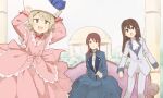  3girls :d arms_up ascot blue_dress blush breasts brown_eyes brown_hair cleavage code_geass collared_shirt cosplay couch day dress green_eyes grey_jacket grey_pants grey_shirt hair_between_eyes hands_on_headwear idolmaster idolmaster_cinderella_girls jacket lelouch_vi_britannia lelouch_vi_britannia_(cosplay) long_hair long_sleeves marianne_vi_britannia marianne_vi_britannia_(cosplay) medium_breasts mifune_miyu morikubo_nono multiple_girls nunnally_vi_britannia nunnally_vi_britannia_(cosplay) on_couch open_mouth outdoors pants pink_dress shibuya_rin shirt sitting sleeves_past_wrists smile uccow unusually_open_eyes white_ascot 