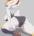  2023 anthro biped blue_body cinderace clothed clothing cooliehigh female generation_8_pokemon grey_background hi_res looking_back nintendo open_mouth pokemon pokemon_(species) rear_view red_eyes shadow simple_background skimpy solo white_body 