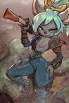  2:3 anthro bat bethesda_softworks blue_eyes breasts clothing fallout female fur green_hair grey_body grey_fur hair holding_object holding_weapon mammal nipples pip-boy small_breasts solo thefuckingdevil torn_clothing vault_suit weapon 
