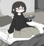  absurdres black_sweater bob_cut controller flat_color frown green_eyes highres holding holding_remote_control indoors on_bed original pants remote_control semi-rimless_eyewear sitting sketch socks solo sweater torosakana wariza white_socks 