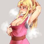  1girl blonde_hair blush bracer breasts clothes_pull heavy_breathing long_hair medium_breasts nipples open_mouth pointy_ears princess_zelda shirt_pull solo super_smash_bros. sweat the_legend_of_zelda the_legend_of_zelda:_a_link_between_worlds the_legend_of_zelda:_skyward_sword tiara yotamono 