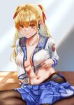  1girl angel_beats! arm_at_side arm_support black_pantyhose blonde_hair blue_panties blue_sailor_collar blue_skirt blurry blurry_background blush breasts cleavage closed_mouth clothes_lift clothes_pull collarbone commentary_request covered_nipples curvy earpiece eyelashes eyes_visible_through_hair fine_fabric_emphasis hair_between_eyes hair_over_shoulder hair_ribbon highres indoors large_breasts lifted_by_self lips long_hair long_sleeves miniskirt navel no_bra noir_(nowaru) open_clothes open_shirt orange_eyes paid_reward_available panties panty_peek pantyhose pleated_skirt plump red_ribbon ribbon sailor_collar shinda_sekai_sensen_uniform shiny_skin shirt shirt_lift signature sitting skindentation skirt skirt_pull solo stomach twintails underwear variant_set white_shirt yokozuwari yusa_(angel_beats!) 