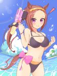  1girl absurdres alternate_costume animal_ears beach bikini black_bikini blush bow bracelet breasts brown_hair cleavage clenched_hand commentary_request cow finger_on_trigger flower-shaped_pupils gold_bracelet hairband highres holding holding_water_gun horse_ears horse_girl horse_tail jewelry large_breasts long_hair looking_at_viewer navel necklace outdoors palm_tree pink_bow pink_eyes ponytail sakura_bakushin_o_(umamusume) sand set sevlhd_hero smile solo swimsuit symbol-shaped_pupils tail tree umamusume v-shaped_eyebrows water water_gun 