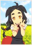  1girl ahoge animal_ears apron bangs black_apron black_hair blue_sky blush border braid chocolat_c_cognac_(muu) closed_mouth cloud cloudy_sky day dog_ears dog_girl dog_tail double_v dress field flower flower_field forehead grey_border hands_up head_tilt long_hair muu_(mumumer) neck_ribbon orange_eyes original outdoors parted_bangs petals puffy_short_sleeves puffy_sleeves red_dress red_ribbon ribbon short_eyebrows short_sleeves single_braid sky smile solo tail thick_eyebrows v very_long_hair yellow_flower 