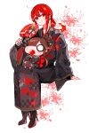  1boy black_kimono buster_shirt candy_apple closed_mouth family_crest fate/grand_order fate_(series) fiery_hair floral_print flower food hair_between_eyes hand_fan hat hi_(wshw5728) high_heels highres holding holding_fan japanese_clothes kimono long_sleeves looking_at_viewer low_ponytail military_hat mini_nobu_(fate) oda_nobunaga_(fate) oda_uri otoko_no_ko peaked_cap ponytail red_eyes red_hair sidelocks simple_background smile spider_lily spider_lily_print white_background 