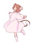  1girl :d alternate_costume animal_ear_piercing arms_up brown_hair cat_tail chen commentary_request dress earrings fang flat_chest full_body happy jewelry multiple_tails nekomata no_headwear no_shoes open_mouth outstretched_arms petite rangycrow short_hair simple_background single_earring smile socks solo standing standing_on_one_leg tail touhou two_tails white_background white_dress 