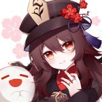  1girl 1other :d black_nails boo_tao_(genshin_impact) brown_hair brown_headwear chinese_clothes closed_eyes commentary_request fang floral_print flower flower-shaped_pupils genshin_impact ghost hair_between_eyes hat hat_flower hat_ornament highres hu_tao_(genshin_impact) jewelry long_hair long_sleeves looking_at_viewer nail_polish open_mouth orange_eyes own_hands_together poinia porkpie_hat ring sidelocks simple_background smile symbol-shaped_pupils teeth twintails upper_body white_background wide_sleeves 