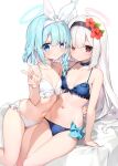  2girls aqua_hair arm_support arona_(blue_archive) bed_sheet bikini black_eyes black_hairband blue_archive blue_bikini blue_bow blue_choker blue_eyes blush bow braid choker collarbone commentary_request dot_nose expressionless flat_chest flower frilled_bikini frills hair_flower hair_ornament hair_over_one_eye hairband halo hand_up long_hair looking_at_viewer multiple_girls nanamomo_rio navel on_bed plana_(blue_archive) short_hair sidelocks sitting smile stomach swimsuit thighs v white_background white_bikini white_choker white_hair white_hairband 