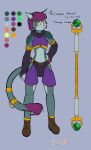  2023 absurd_res anthro arashidrgn boots clothed clothing design_sheet domestic_cat felid feline felis footwear fur hair hi_res jewelry male mammal model_sheet simple_background solo staff text weapon 