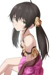  1girl absurdres animal_print bare_shoulders black_hair blush breasts cleavage commentary_request crossed_legs heart heart_necklace highres idolmaster idolmaster_cinderella_girls jacket jewelry leopard_print long_hair looking_at_viewer matoba_risa minamoto_tarou necklace off_shoulder pink_jacket print_camisole print_ribbon ribbon sitting small_breasts solo twintails white_background yellow_eyes 