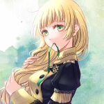  1girl black_jacket blonde_hair breasts commentary_request ebi_puri_(ebi-ebi) fire_emblem fire_emblem:_three_houses garreg_mach_monastery_uniform green_eyes green_ribbon ingrid_brandl_galatea jacket juliet_sleeves long_hair long_sleeves looking_at_viewer medium_breasts mouth_hold puffy_sleeves ribbon solo upper_body very_long_hair 