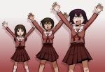  3girls :d :o \o/ arms_up azumanga_daioh azumanga_daioh&#039;s_school_uniform bandaid bandaid_on_knee bandaid_on_leg bob_cut bonklers brown_eyes brown_hair claw_pose collarbone commentary constricted_pupils drop_shadow english_commentary feet_out_of_frame gradient_background hair_between_eyes halftone_texture kagura_(azumanga_daioh) kasuga_ayumu kneehighs long_hair long_sleeves looking_at_viewer multiple_girls neck_ribbon ompompom999 open_mouth outstretched_arms pink_serafuku pink_shirt pleated_skirt red_ribbon red_skirt ribbon sailor_collar school_uniform serafuku sharp_teeth shirt short_hair shouting sketch skirt smile socks spread_legs square_mouth standing takino_tomo tan teeth v-shaped_eyebrows v-shaped_eyes white_background white_sailor_collar white_socks winter_uniform 