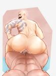  2boys abs anal arm_tattoo ass ass_freckles bald bara blush body_freckles braum_(league_of_legends) completely_nude cum cum_overflow deep_penetration erection facing_viewer freckles from_behind furrowed_brow girthy_penis highres huge_ass large_pectorals league_of_legends male_focus mature_male multiple_boys muscular muscular_male navel navel_hair nipples notsafezin nude pectorals penis pov pov_crotch power_bottom sex simple_background smile solo_focus strongman_waist tattoo thick_mustache tryndamere uncensored veins veiny_penis yaoi 