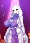  anthro big_breasts blush boss_monster bovid breasts caprine clothed clothing female fur genitals hi_res horn kyodashiro looking_at_viewer mammal mature_anthro mature_female nipples pussy smile solo toriel undertale undertale_(series) white_body white_fur 