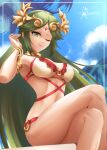  1girl absurdres aldafera_art alternate_costume bikini blue_sky breasts crossed_legs forehead_jewel green_eyes green_hair highres jewelry kid_icarus kid_icarus_uprising long_hair looking_at_viewer necklace one_eye_closed palutena signature sitting sky smile solo swimsuit very_long_hair 