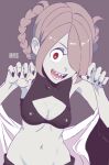  1girl alternate_costume alternate_hairstyle black_nails black_shorts braided_hair_rings breasts claw_pose cleavage_cutout clothing_cutout cosplay crop_top fingernails hanamuko hands_up little_witch_academia nanakusa_nazuna_(yofukashi_no_uta) nanakusa_nazuna_(yofukashi_no_uta)_(cosplay) navel open_mouth pale_skin purple_hair red_eyes sharp_fingernails sharp_teeth shorts sleeveless sleeveless_turtleneck small_breasts solo sucy_manbavaran teeth turtleneck v_over_eye yofukashi_no_uta 