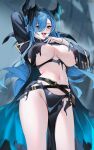  1girl :d arm_behind_back arm_up armpits azur_lane belt belt_buckle black_coat blue_eyes blue_hair blurry blurry_background blush breasts buckle coat commentary_request depth_of_field fangs groin hair_over_one_eye hand_in_own_hair highres horns large_breasts long_hair long_sleeves looking_at_viewer mary_celeste_(azur_lane) navel ohisashiburi_(style) open_clothes open_coat open_mouth pointy_ears revealing_clothes smile solo stomach thighs torn_clothes underboob zhudouzi 