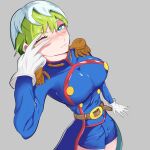  1girl absurdres belt blue_eyes breasts buttons gloves green_hair highres large_breasts mato_seihei_no_slave short_hair shorts solo 