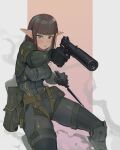  1girl absurdres blush breasts brown_hair commentary commission elf english_commentary green_eyes gun handgun harness highres holding holding_knife knee_pads knife large_breasts looking_at_viewer medium_hair open_mouth original pilot_suit pointy_ears polilla pouch solo suppressor tactical_clothes thigh_strap weapon 