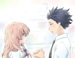  1boy 1girl black_eyes black_hair blue_bow blue_bowtie bow bowtie brown_eyes brown_hair collared_shirt green_necktie ishida_shouya koe_no_katachi long_hair looking_at_another momo_usagi necktie nishimiya_shouko open_mouth own_hands_together school_uniform shirt short_sleeves spiked_hair white_shirt 