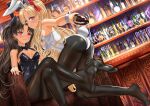  2girls alcohol animal_ears armchair bar_(place) black_bow black_bowtie black_hair black_leotard black_pantyhose blonde_hair bottle bow bowtie breasts chair collar commentary commission covered_navel crossed_legs detached_collar dutch_angle ereshkigal_(fate) fake_animal_ears fake_tail fate/grand_order fate_(series) highres holding holding_bottle indoors ishtar_(fate) kein_hasegawa kneeling leaning_forward leotard long_hair looking_at_viewer medium_breasts multiple_girls no_shoes on_chair pantyhose parted_lips playboy_bunny pouring_onto_another rabbit_ears rabbit_tail red_eyes sitting smile strapless strapless_leotard tail two_side_up white_collar white_leotard wrist_cuffs 