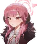  1girl absurdres aru_(blue_archive) black_horns blue_archive blush brown_coat brown_eyes coat collared_shirt demon_horns fur-trimmed_coat fur_trim halo highres horns long_hair neck_ribbon ninebell open_mouth pink_hair pink_halo portrait red_ribbon ribbon shirt simple_background solo white_background white_shirt 