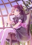  1girl absurdres apron back_bow black_dress blue_sky blurry blurry_foreground bow brown_hair chair cloud collared_dress commentary delicious_party_precure dress eating food frilled_dress frills fruit hair_ribbon highres holding holding_food holding_fruit lamppost long_hair looking_at_viewer medium_dress nagomi_yui neck_ribbon open_mouth outdoors pink_bow pink_ribbon plant precure puffy_short_sleeves puffy_sleeves purple_eyes ribbon short_sleeves sitting sky solo strawberry sunlight thighhighs tirofinire tree twilight two_side_up waist_apron white_apron white_thighhighs wing_collar wooden_chair 