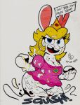  absurd_res anthro buckteeth cake chubby_female clothed clothing crossover dessert dialogue dress female food food_fetish food_play hi_res mario_bros mario_plus_rabbids_kingdom_battle nintendo playful rabbid_peach raving_rabbids rayman_(series) sebaku slightly_chubby solo teeth traditional_media_(artwork) ubisoft 