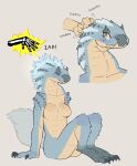  absurd_res anthro blue_body blue_scales breasts capcom claws disembodied_hand elemental_manipulation fanged_wyvern female hair hi_res monster_hunter nude red_eyes scales scalie simple_background solo solo_focus tail tan_body tan_scales text thick_thighs tobi-kadachi white_hair yolabayola1 
