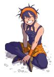  1boy absurdres black_hair closed_eyes commentary_request full_body grin hairband highres indian_style jojo_no_kimyou_na_bouken male_focus narancia_ghirga orange_hairband sitting smile solo vento_aureo yonchi 