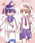 2boys :d ahoge applin blue_shirt blush brown_hair clenched_hand collared_shirt commentary_request florian_(pokemon) gloves hair_between_eyes hairband happy hat heart highres holding_hands jacket kieran_(pokemon) knees male_focus multiple_boys necktie open_mouth pokemon pokemon_(game) pokemon_sv purple_necktie purple_shorts red_gloves shirt short_hair shorts single_glove smile white_jacket white_shirt white_shorts yataba yellow_eyes yellow_hairband 