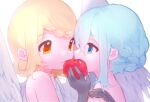  2girls angel angel_wings apple blonde_hair blue_eyes blue_hair braid braided_bangs covering_mouth eye_contact feathered_wings flipped_hair food fruit gloves hatsune_miku highres himitsu_~kuro_no_chikai~_(vocaloid) holding holding_food holding_fruit kagamine_rin light_smile looking_at_another multiple_girls orange_eyes profile rinihimme short_hair sleeveless upper_body vocaloid wings yuri 