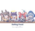  4girls alternate_costume alternate_hairstyle animal_ears black_hair blush_stickers brown_hair chibi chopsticks double_bun eating english_text feather_hair_ornament feathers food gawr_gura green_hair grey_hair hair_bun hair_ornament hakos_baelz halo highres holding holding_chopsticks hololive hololive_english instagram_username monja_(monja0521) mouse_ears multiple_girls nanashi_mumei ninomae_ina&#039;nis noodles onigiri pixiv_username red_hair simple_background tentacle_hair twintails twitter_username udon virtual_youtuber white_background 