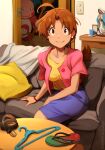  1girl absurdres ahoge broom brown_eyes brown_hair commentary delia_ketchum highres holding holding_broom indoors khyle. long_hair mr._mime pokemon pokemon_(creature) pokemon_(game) 