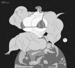  2013 anthro bicep_curl big_breasts big_muscles bikini breasts clothing copyright_symbol digital_media_(artwork) dragon earth female flexing footwear hair hi_res horn huge_breasts huge_muscles macro macro_female monochrome moon multicolored_body multicolored_scales muscular muscular_anthro muscular_female non-mammal_breasts planet satsumalord scales shoes sitting solo space star swimwear symbol thick_thighs two_tone_body two_tone_scales whitestar_(redsaber) 