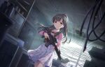  1girl assault_rifle blunt_bangs blurry blurry_background bracelet brown_hair chest_rig collarbone depth_of_field dutch_angle eyelashes feet_out_of_frame floating_hair floral_print game_cg grey_eyes gun holding holding_gun holding_weapon idolmaster idolmaster_cinderella_girls idolmaster_cinderella_girls_starlight_stage indoors jewelry kobayakawa_sae long_hair long_sleeves looking_at_viewer magazine_(weapon) official_art optical_sight parted_lips pink_shirt ponytail rifle shirt skirt solo standing thighs trigger_discipline v-shaped_eyebrows weapon white_skirt window 