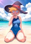  1girl beach blue_eyes blue_one-piece_swimsuit blue_sky blush breasts cloudxmoe covered_navel day glasses hat highres horizon little_witch_academia looking_at_viewer lotte_jansson medium_breasts ocean one-piece_swimsuit open_mouth orange_hair outdoors revision sand shiny_skin short_hair sky smile solo swimsuit witch_hat 