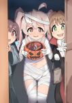  +_+ 3girls absurdres ahoge bag bandages brown_hair candy fang food genderswap genderswap_(mtf) gloves green_eyes halloween highres hozuki_momiji jack-o&#039;-lantern long_hair looking_at_viewer multiple_girls mummy_costume navel oka_asahi onii-chan_wa_oshimai! open_mouth orange_eyes oyama_mahiro paper_bag pink_hair red_eyes samurai short_hair thigh_gap trick_or_treat twintails user_zumh8847 vampire_costume 